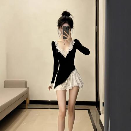 春季气质高级感纯欲御姐风黑色拼接蕾丝V领修身长袖高腰连衣裙女 服裝批發女裝批發服飾貨源