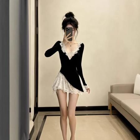 春季气质高级感纯欲御姐风黑色拼接蕾丝V领修身长袖高腰连衣裙女 服裝批發女裝批發服飾貨源