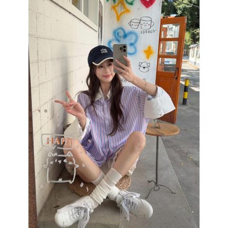 BY10187# 小众设计条纹拼接翻袖上衣女衬衫春款别致宽松外套 服裝批發女裝批發服飾貨源