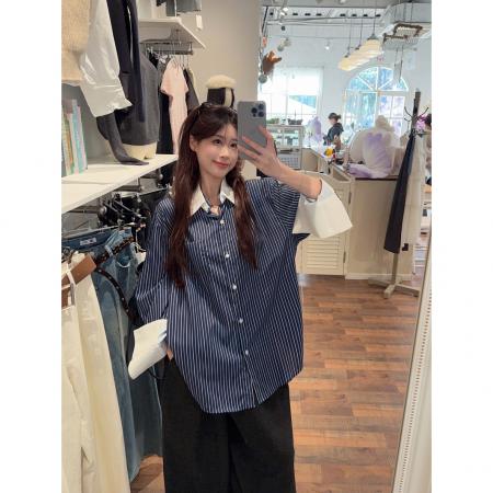 BY10187# 小众设计条纹拼接翻袖上衣女衬衫春款别致宽松外套 服裝批發女裝批發服飾貨源