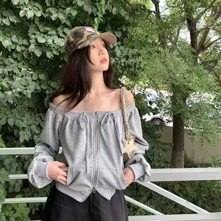 BY10189# 长袖开衫卫衣春秋新款纯欲风一字肩大码宽松拉链绑带卫衣 服裝批發女裝批發服飾貨源