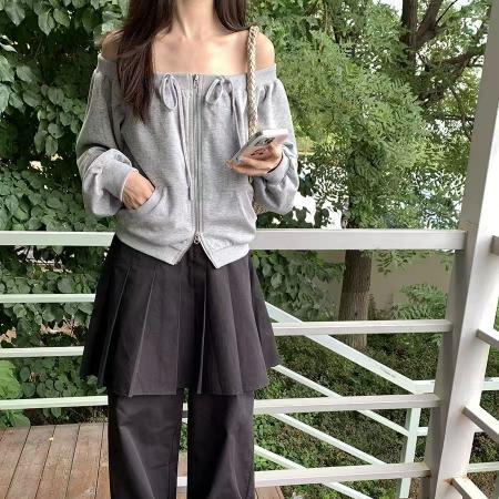 BY10189# 长袖开衫卫衣春秋新款纯欲风一字肩大码宽松拉链绑带卫衣 服裝批發女裝批發服飾貨源