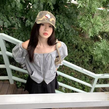 BY10189# 长袖开衫卫衣春秋新款纯欲风一字肩大码宽松拉链绑带卫衣 服裝批發女裝批發服飾貨源