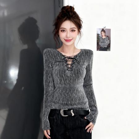 BY10190# 时尚V领绑带T恤女春夏新款小众钻石设计感修身内搭上衣 服裝批發女裝批發服飾貨源