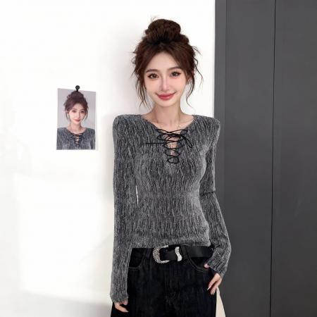 BY10190# 时尚V领绑带T恤女春夏新款小众钻石设计感修身内搭上衣 服裝批發女裝批發服飾貨源