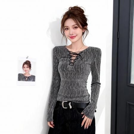 BY10190# 时尚V领绑带T恤女春夏新款小众钻石设计感修身内搭上衣 服裝批發女裝批發服飾貨源