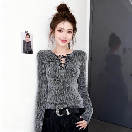 BY10190# 时尚V领绑带T恤女春夏新款小众钻石设计感修身内搭上衣 服裝批發女裝批發服飾貨源