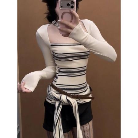 BY10191# 美式性感撞色条纹长袖t恤女上衣 服裝批發女裝批發服飾貨源