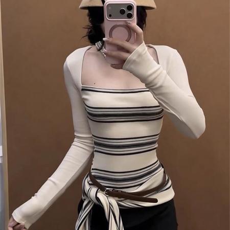 BY10191# 美式性感撞色条纹长袖t恤女上衣 服裝批發女裝批發服飾貨源