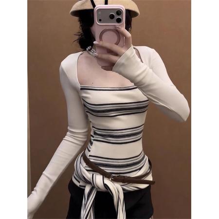 BY10191# 美式性感撞色条纹长袖t恤女上衣 服裝批發女裝批發服飾貨源