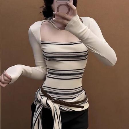 BY10191# 美式性感撞色条纹长袖t恤女上衣 服裝批發女裝批發服飾貨源