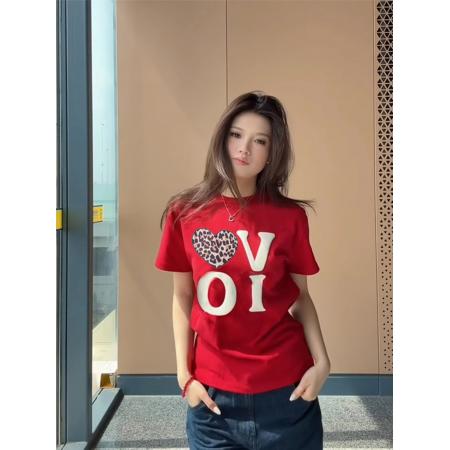 BY10193# 美式复古甜辣妹爱心红色正肩短袖t恤女夏季新款修身显瘦上衣 服裝批發女裝批發服飾貨源
