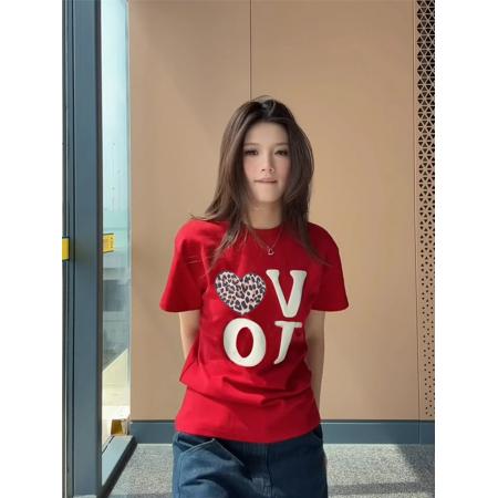 BY10193# 美式复古甜辣妹爱心红色正肩短袖t恤女夏季新款修身显瘦上衣 服裝批發女裝批發服飾貨源