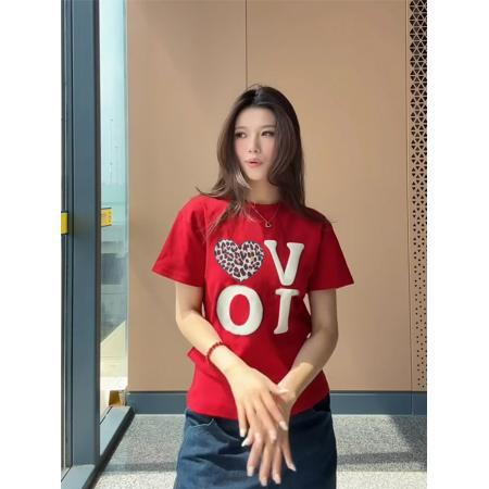 BY10193# 美式复古甜辣妹爱心红色正肩短袖t恤女夏季新款修身显瘦上衣 服裝批發女裝批發服飾貨源