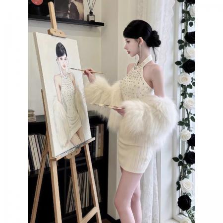 性感辣妹气质修身镶钻针织连衣裙春夏新款挂脖包臀短裙子女装 服裝批發女裝批發服飾貨源