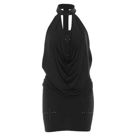 性感辣妹卡其色荡领挂脖连衣裙女早春气质纯欲修身显瘦包臀短裙子 服裝批發女裝批發服飾貨源