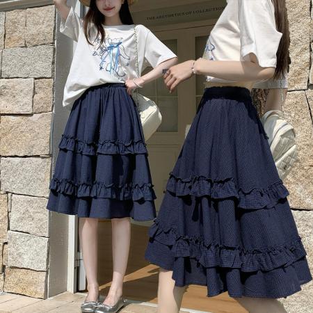 BY10202# 高品质格子木耳边半身裙蛋糕裙女春夏垂感松紧腰A字裙中裙 服裝批發女裝批發服飾貨源