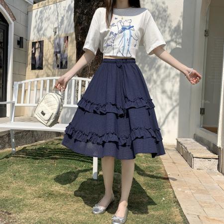 BY10202# 高品质格子木耳边半身裙蛋糕裙女春夏垂感松紧腰A字裙中裙 服裝批發女裝批發服飾貨源