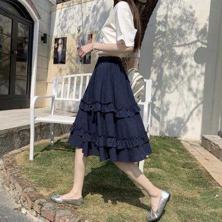 BY10202# 高品质格子木耳边半身裙蛋糕裙女春夏垂感松紧腰A字裙中裙 服裝批發女裝批發服飾貨源