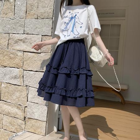 BY10202# 高品质格子木耳边半身裙蛋糕裙女春夏垂感松紧腰A字裙中裙 服裝批發女裝批發服飾貨源