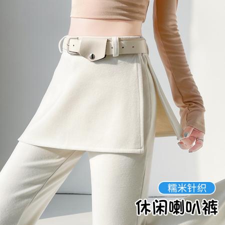 BY10203# 假两件微喇叭白色糯米裤女春季设计感屁帘裤子显瘦垂感裙裤 服裝批發女裝批發服飾貨源