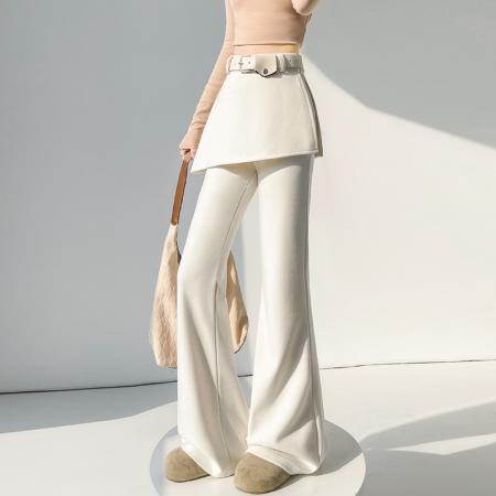 BY10203# 假两件微喇叭白色糯米裤女春季设计感屁帘裤子显瘦垂感裙裤 服裝批發女裝批發服飾貨源