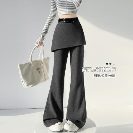 BY10203# 假两件微喇叭白色糯米裤女春季设计感屁帘裤子显瘦垂感裙裤 服裝批發女裝批發服飾貨源