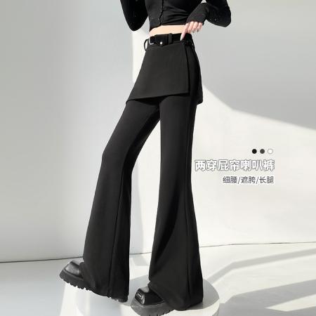 BY10203# 假两件微喇叭白色糯米裤女春季设计感屁帘裤子显瘦垂感裙裤 服裝批發女裝批發服飾貨源