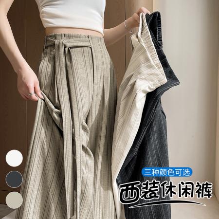 复古条纹肌理阔腿裤女春夏新款系带设计宽松百搭老钱风西装裤 服裝批發女裝批發服飾貨源