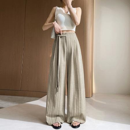 复古条纹肌理阔腿裤女春夏新款系带设计宽松百搭老钱风西装裤 服裝批發女裝批發服飾貨源