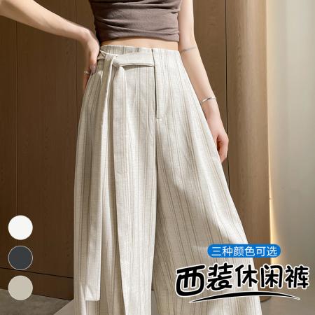 复古条纹肌理阔腿裤女春夏新款系带设计宽松百搭老钱风西装裤 服裝批發女裝批發服飾貨源