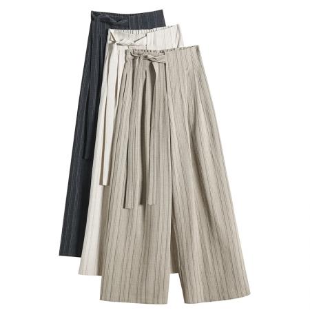 复古条纹肌理阔腿裤女春夏新款系带设计宽松百搭老钱风西装裤 服裝批發女裝批發服飾貨源
