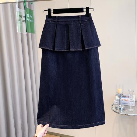 春夏季大码女装假两件遮肚显瘦直筒牛仔半身裙女高腰胖MM裙子 服裝批發女裝批發服飾貨源