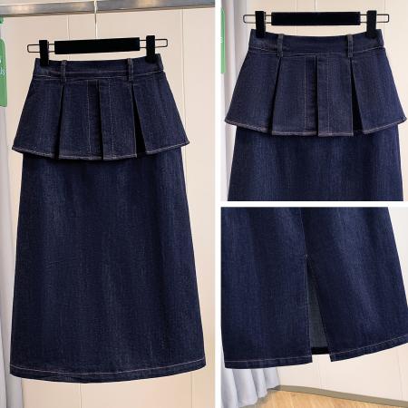 春夏季大码女装假两件遮肚显瘦直筒牛仔半身裙女高腰胖MM裙子 服裝批發女裝批發服飾貨源