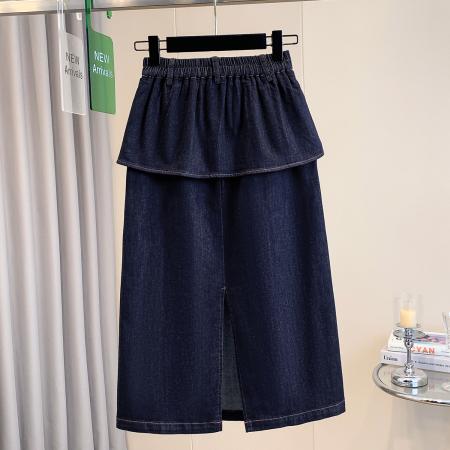 春夏季大码女装假两件遮肚显瘦直筒牛仔半身裙女高腰胖MM裙子 服裝批發女裝批發服飾貨源