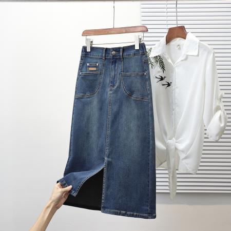 春夏新款大码松紧腰A字牛仔半身裙胖MM200斤弹力中长款裙 服裝批發女裝批發服飾貨源