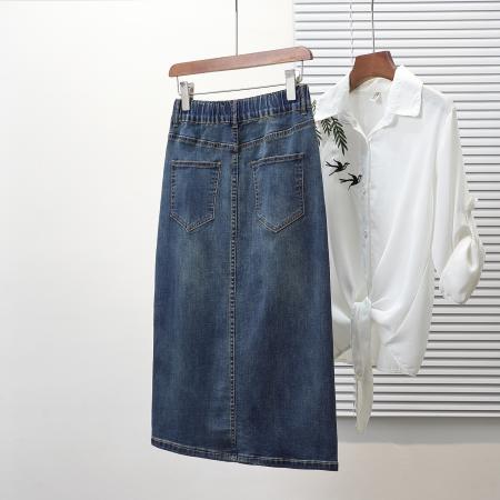 春夏新款大码松紧腰A字牛仔半身裙胖MM200斤弹力中长款裙 服裝批發女裝批發服飾貨源