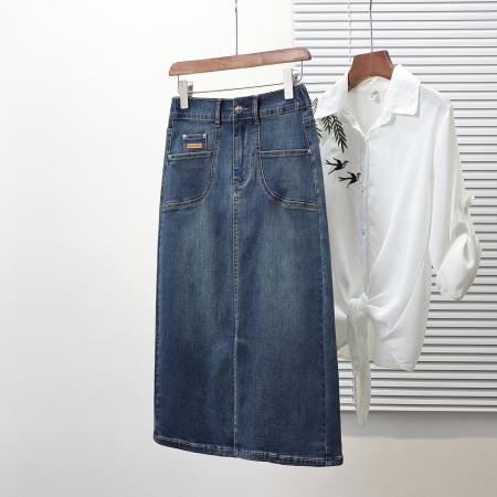 春夏新款大码松紧腰A字牛仔半身裙胖MM200斤弹力中长款裙 服裝批發女裝批發服飾貨源