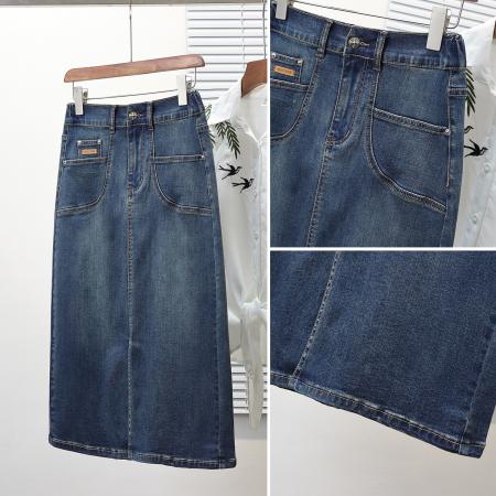 春夏新款大码松紧腰A字牛仔半身裙胖MM200斤弹力中长款裙 服裝批發女裝批發服飾貨源