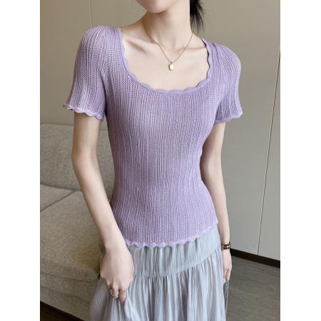 紫色方领短袖针织衫女夏季新款法式时尚减龄百搭显瘦气质上衣 服裝批發女裝批發服飾貨源