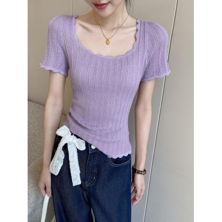 紫色方领短袖针织衫女夏季新款法式时尚减龄百搭显瘦气质上衣 服裝批發女裝批發服飾貨源
