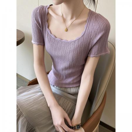 紫色方领短袖针织衫女夏季新款法式时尚减龄百搭显瘦气质上衣 服裝批發女裝批發服飾貨源
