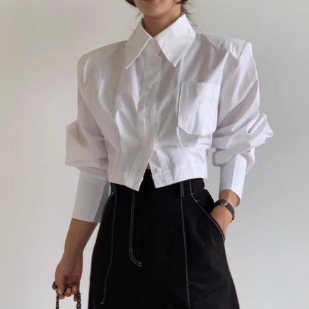 BY10215# 韩国chic小众设计感翻领后背镂空绑带系扣宽松短款衬衫 服裝批發女裝批發服飾貨源