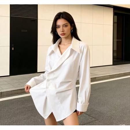 春夏长袖Polo衫超好看单穿小上衣设计感不规则收腰翻领 服裝批發女裝批發服飾貨源