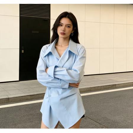 春夏长袖Polo衫超好看单穿小上衣设计感不规则收腰翻领 服裝批發女裝批發服飾貨源