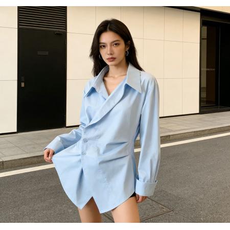 春夏长袖Polo衫超好看单穿小上衣设计感不规则收腰翻领 服裝批發女裝批發服飾貨源