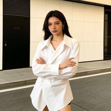 春夏长袖Polo衫超好看单穿小上衣设计感不规则收腰翻领 服裝批發女裝批發服飾貨源