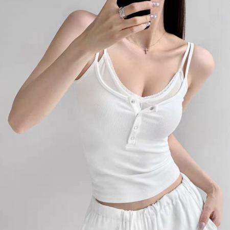 夏季针织假两件纽扣吊带背心修身显瘦固定带胸垫上衣 服裝批發女裝批發服飾貨源