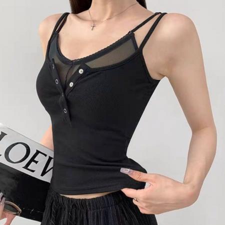 夏季针织假两件纽扣吊带背心修身显瘦固定带胸垫上衣 服裝批發女裝批發服飾貨源