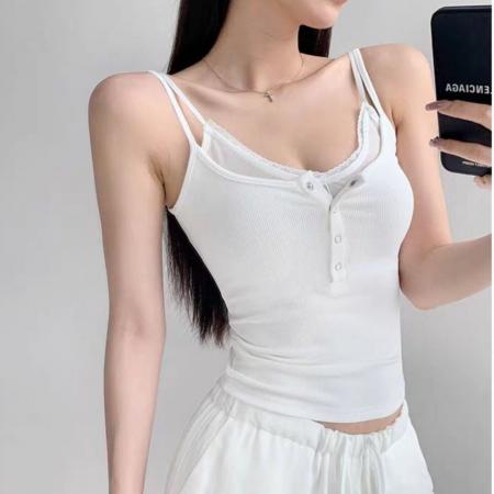 夏季针织假两件纽扣吊带背心修身显瘦固定带胸垫上衣 服裝批發女裝批發服飾貨源